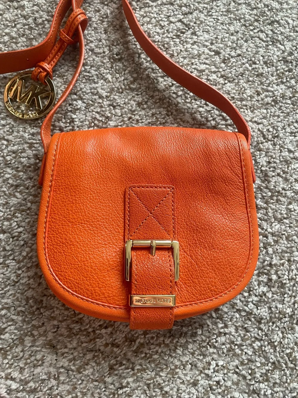 Michael Kors Saddle Flap Pebbled Crossbody Bag Small Orange Gold Hardware